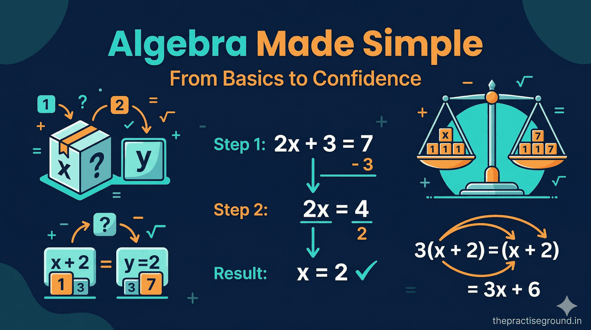 Algebra infographic showing balance scale equation concept and solving steps on dark navy background