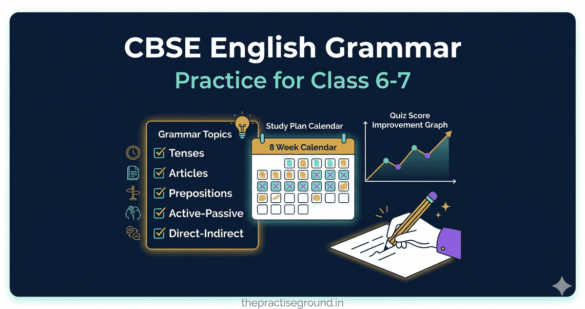 CBSE English Grammar infographic for Class 6-7 showing topics and study plan on dark navy background