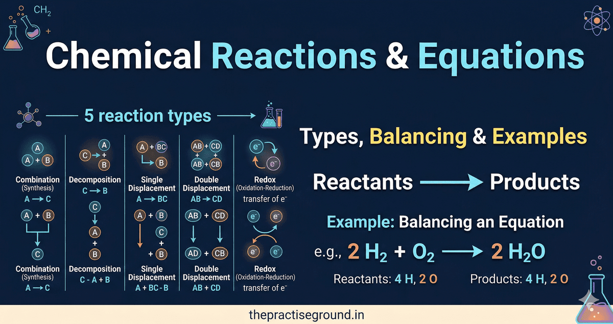 Chemical Reactions infographic showing 5 reaction types with balancing examples on dark navy background