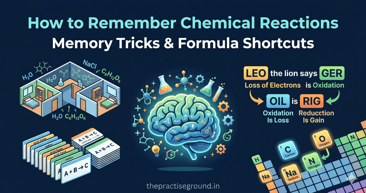 Remember Chemical Reactions infographic showing memory techniques and formula shortcuts on dark navy background
