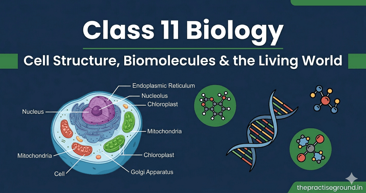 Class 11 Biology infographic showing cell structure with labeled organelles, DNA double helix, and biomolecule illustrations