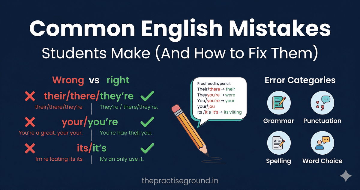 Common English Mistakes infographic showing confused words and corrections on dark navy background