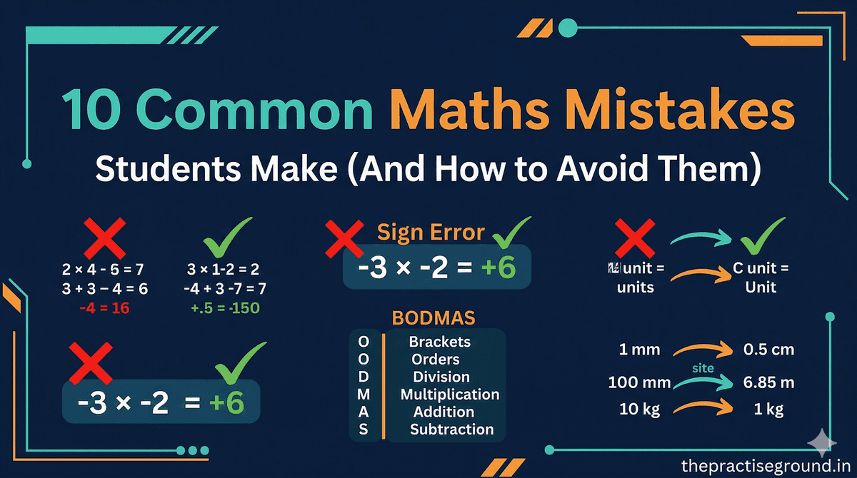 Common Maths Mistakes infographic showing errors and corrections on dark navy background