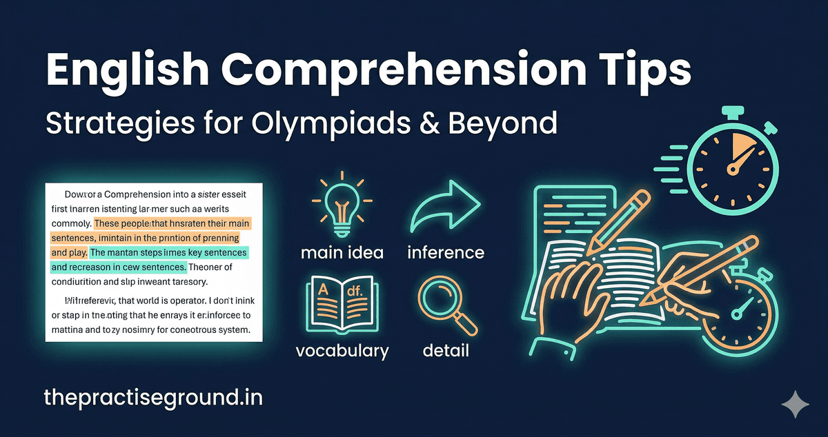 English Comprehension Tips infographic showing reading strategies for competitive exams on dark navy background