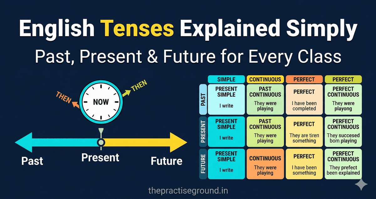 English Tenses infographic showing 12 tenses on a timeline on dark navy background