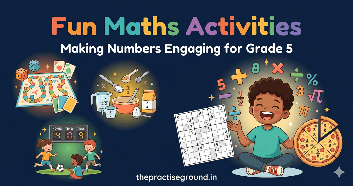 Fun Maths Activities infographic showing games and activities for Grade 5 on dark navy background