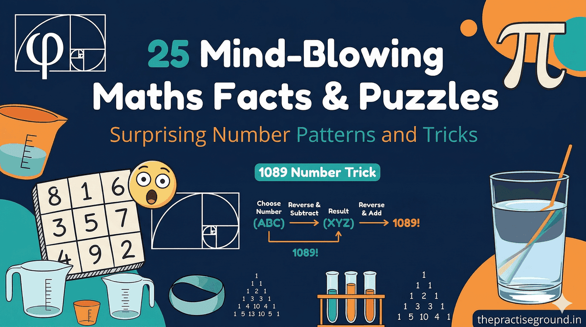 Fun Maths Facts and Puzzles infographic with Fibonacci spiral and number patterns on dark navy background