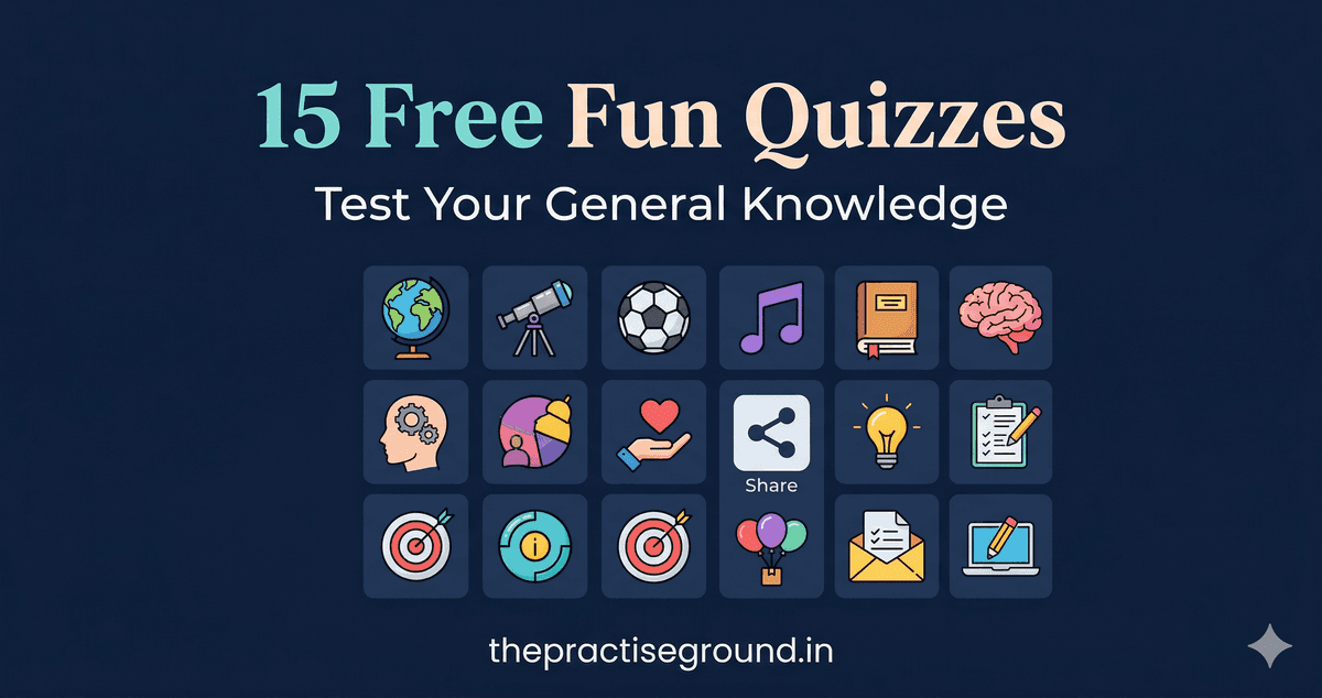 Fun Quizzes infographic showing 15 general knowledge categories on dark navy background