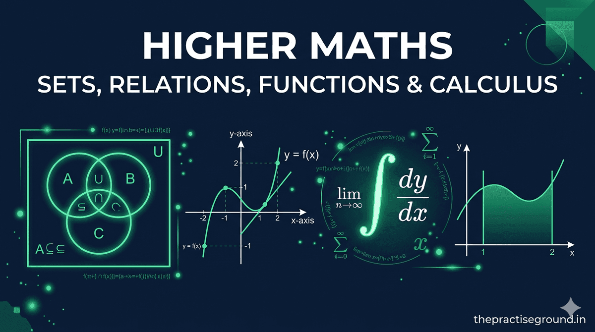 Higher Maths infographic showing Venn diagrams for sets, function graphs, calculus symbols with integral and derivative notation