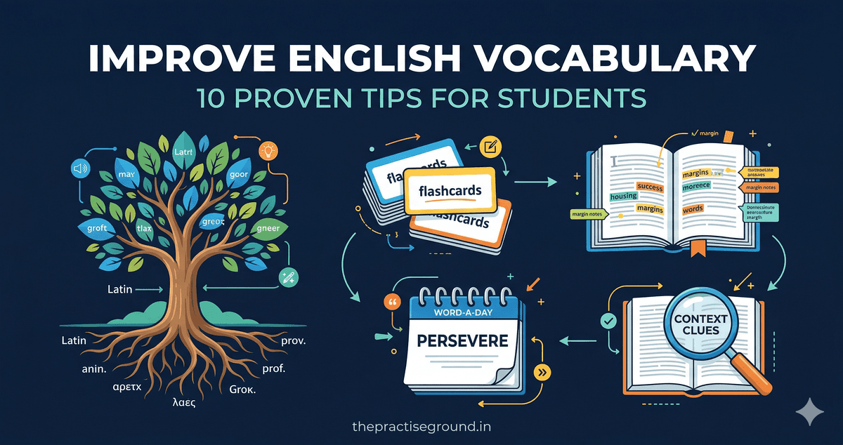 Improve English Vocabulary infographic showing word roots and practice methods on dark navy background