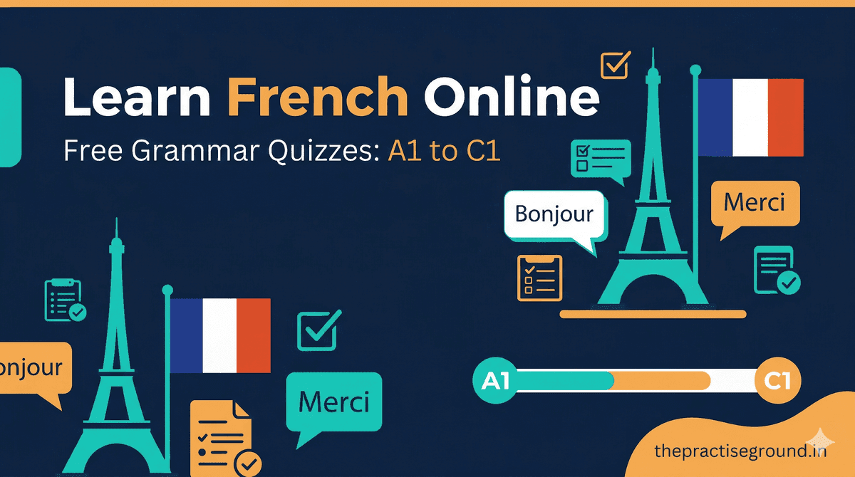 Learn French Online infographic showing A1 to C1 progression with Eiffel Tower and quiz icons on dark navy background