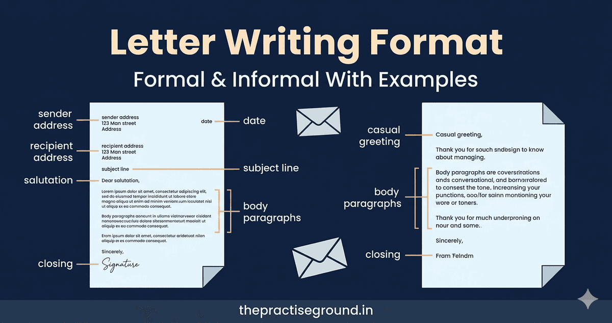 Letter Writing Format infographic showing formal and informal templates on dark navy background