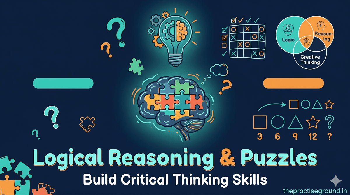 Logical Reasoning and Puzzles infographic with pattern sequences and brain teasers on dark navy background