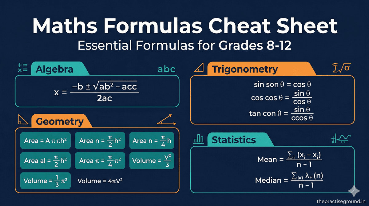 Maths Formulas Cheat Sheet infographic with algebra, geometry, and trigonometry formulas on dark navy background