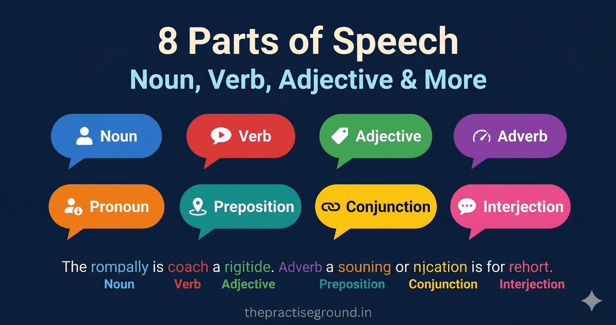 8 Parts of Speech infographic with color-coded examples on dark navy background