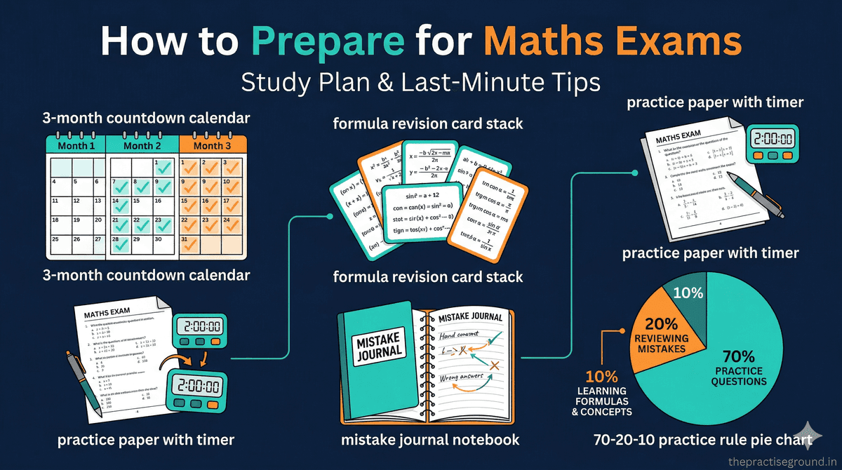 Maths Exam Preparation infographic showing study plan and practice strategies on dark navy background