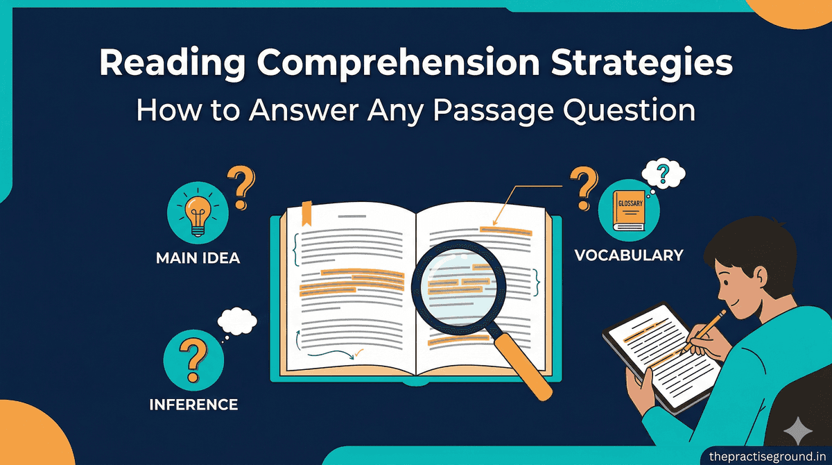 Reading Comprehension Strategies infographic showing passage analysis and question types on dark navy background