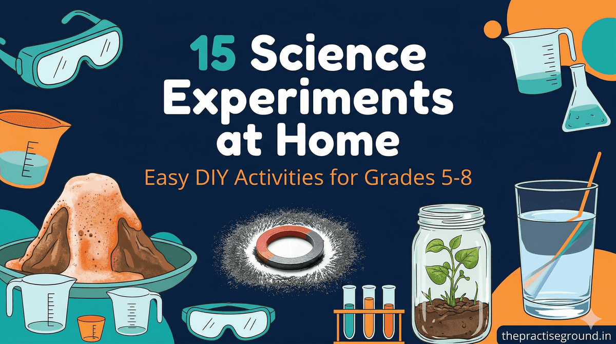 Science Experiments at Home infographic showing DIY activities for Grades 5-8 on dark navy background