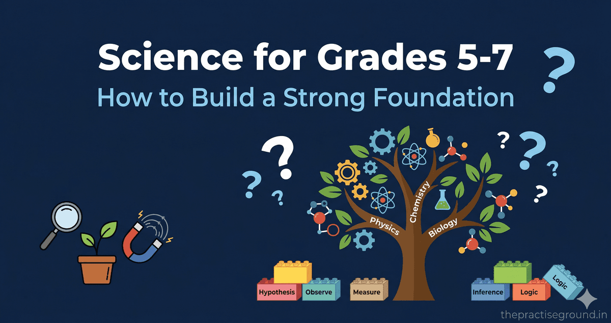 Science Foundation infographic for Grades 5-7 showing three branches of science on dark navy background