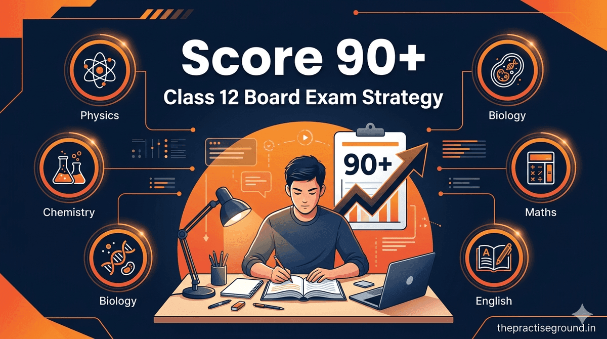 Score 90+ in Class 12 Board Exams infographic showing a student studying with Physics, Chemistry, Biology, Maths, and English subject icons