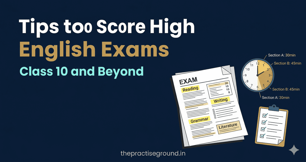 Score High in English Exams infographic showing exam sections and time allocation on dark navy background