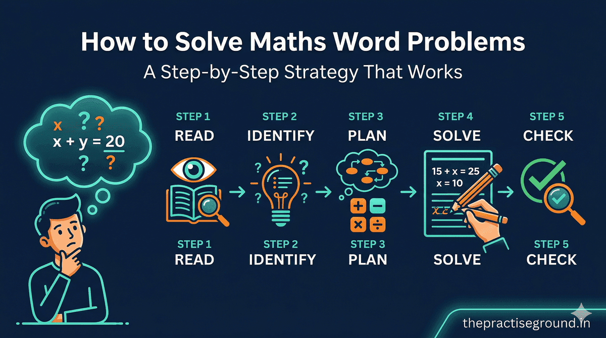 How to Solve Maths Word Problems infographic showing 5-step strategy flowchart on dark navy background