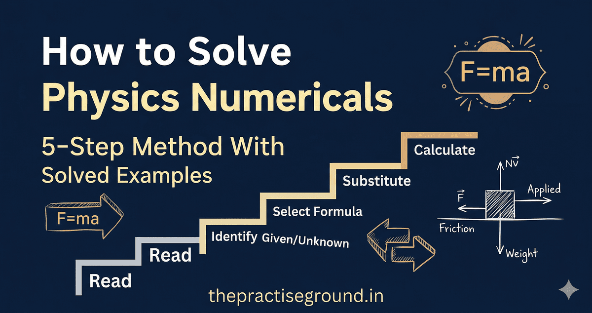Solve Physics Numericals infographic showing 5-step method with formula selection on dark navy background