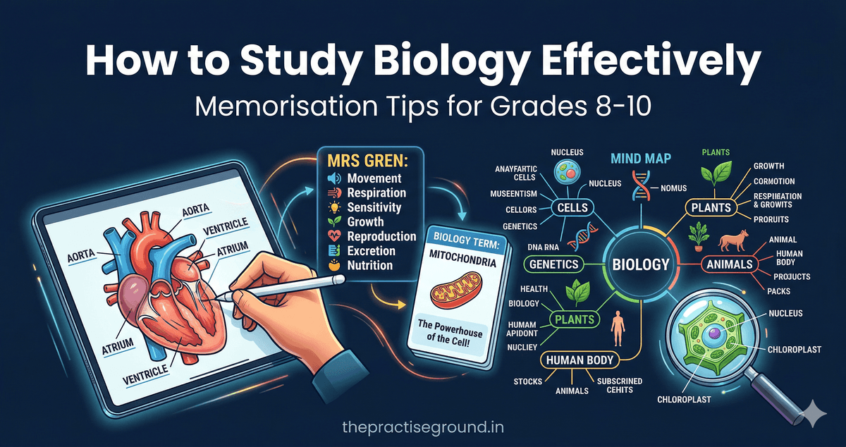 Study Biology Effectively infographic showing diagram drawing and mnemonic techniques on dark navy background