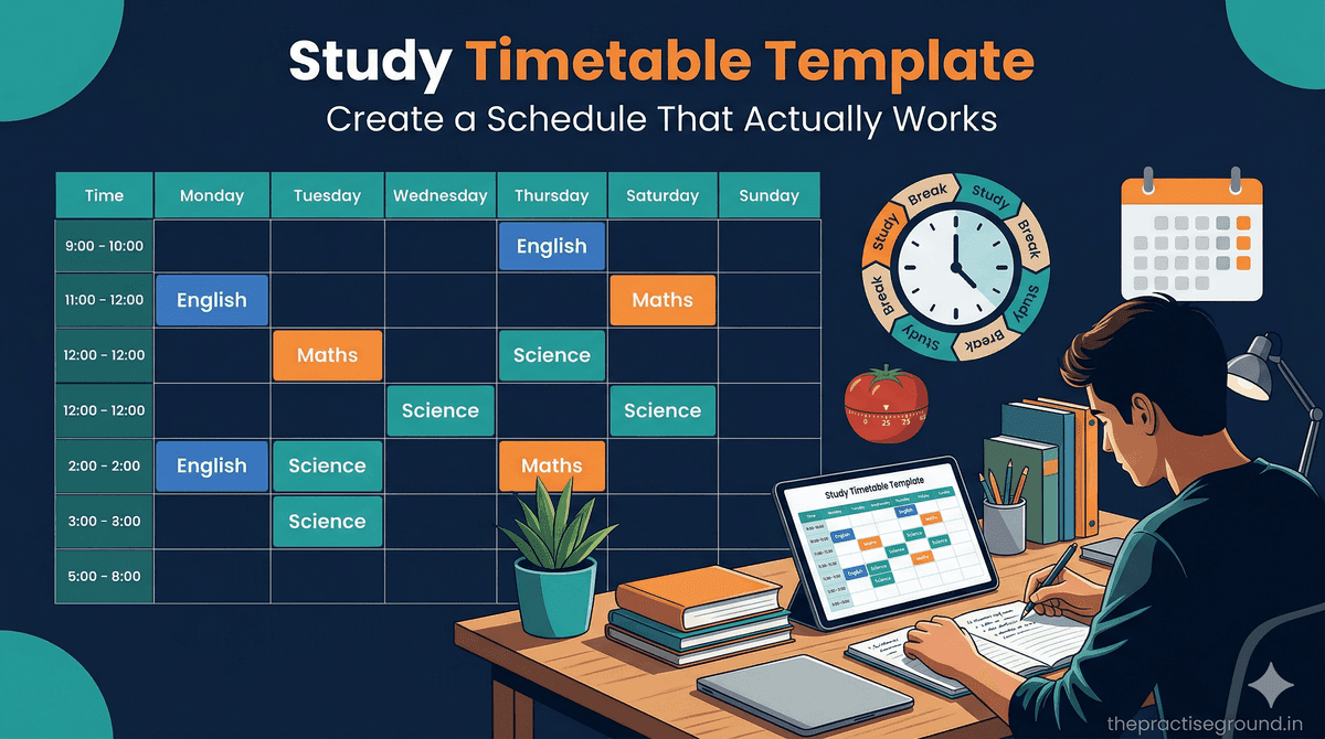 Study Timetable Template infographic showing weekly schedule grid and study tips on dark navy background