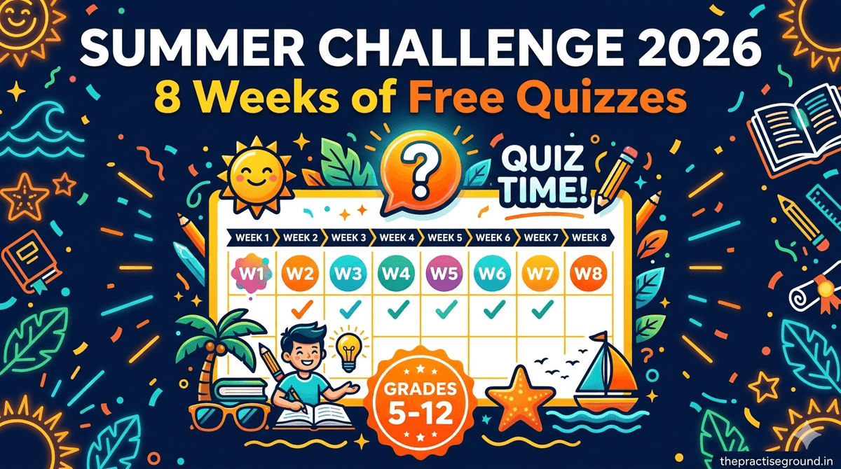 Summer Challenge 2026 infographic showing 8 weeks of free quizzes for Grades 5-12 with colorful weekly progress tracker