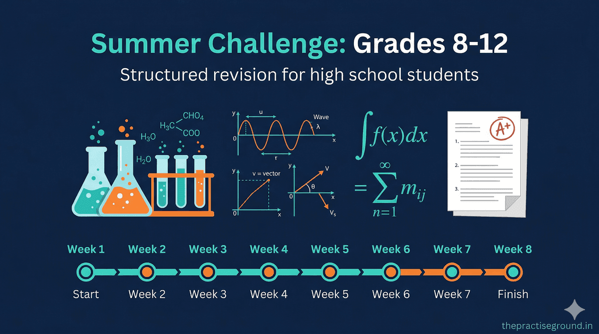 Summer Challenge for High School infographic showing Grades 8-12 study plan with subject icons on dark navy background