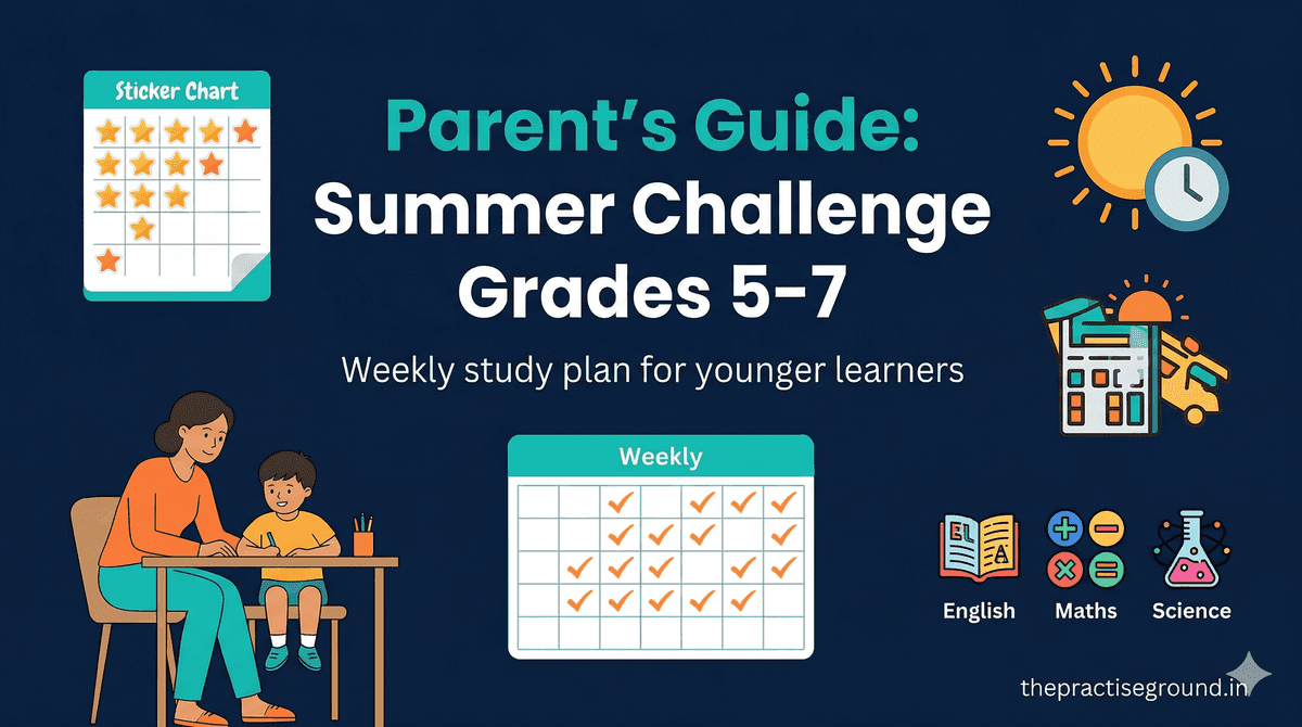 Parent's Guide to Summer Challenge infographic for Grades 5-7 showing weekly schedule and motivation tips on dark navy background