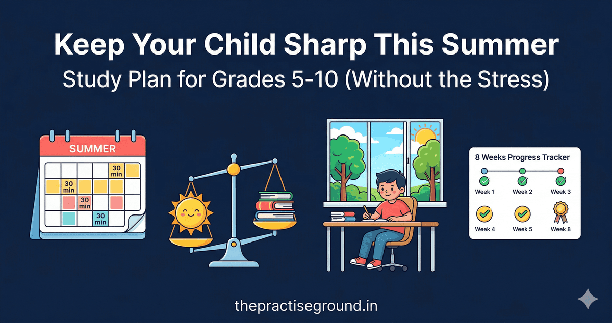 Summer Vacation Study Plan infographic showing daily practice schedule on dark navy background