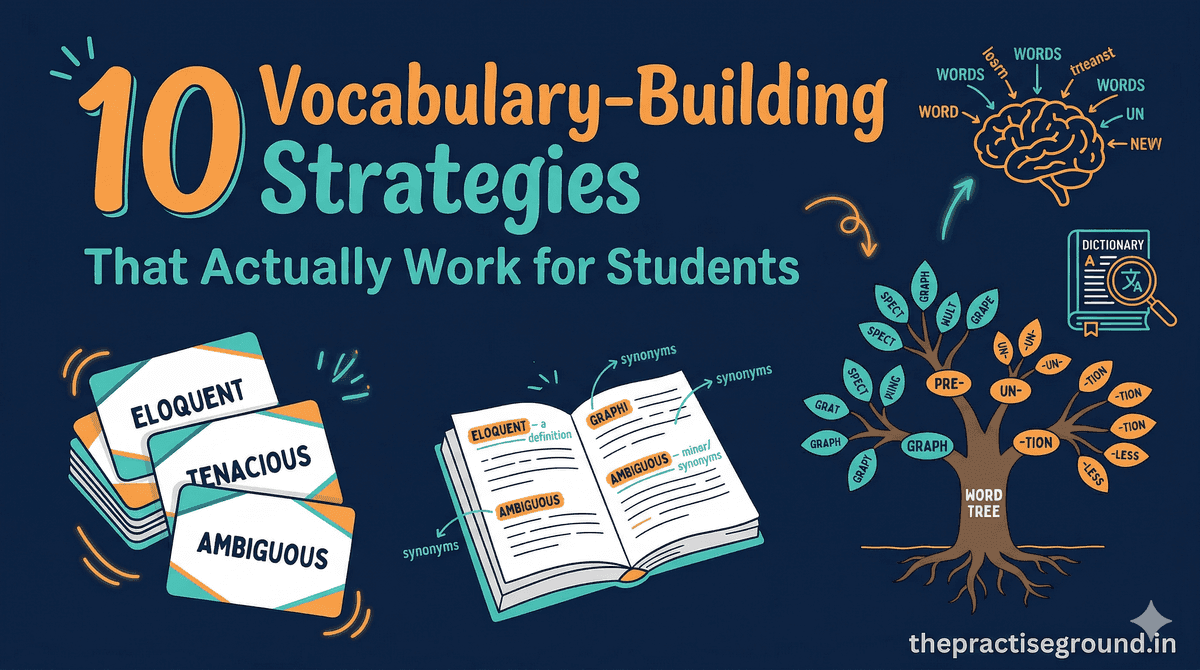 Vocabulary Building Strategies infographic with flashcards, word roots, and reading methods on dark navy background