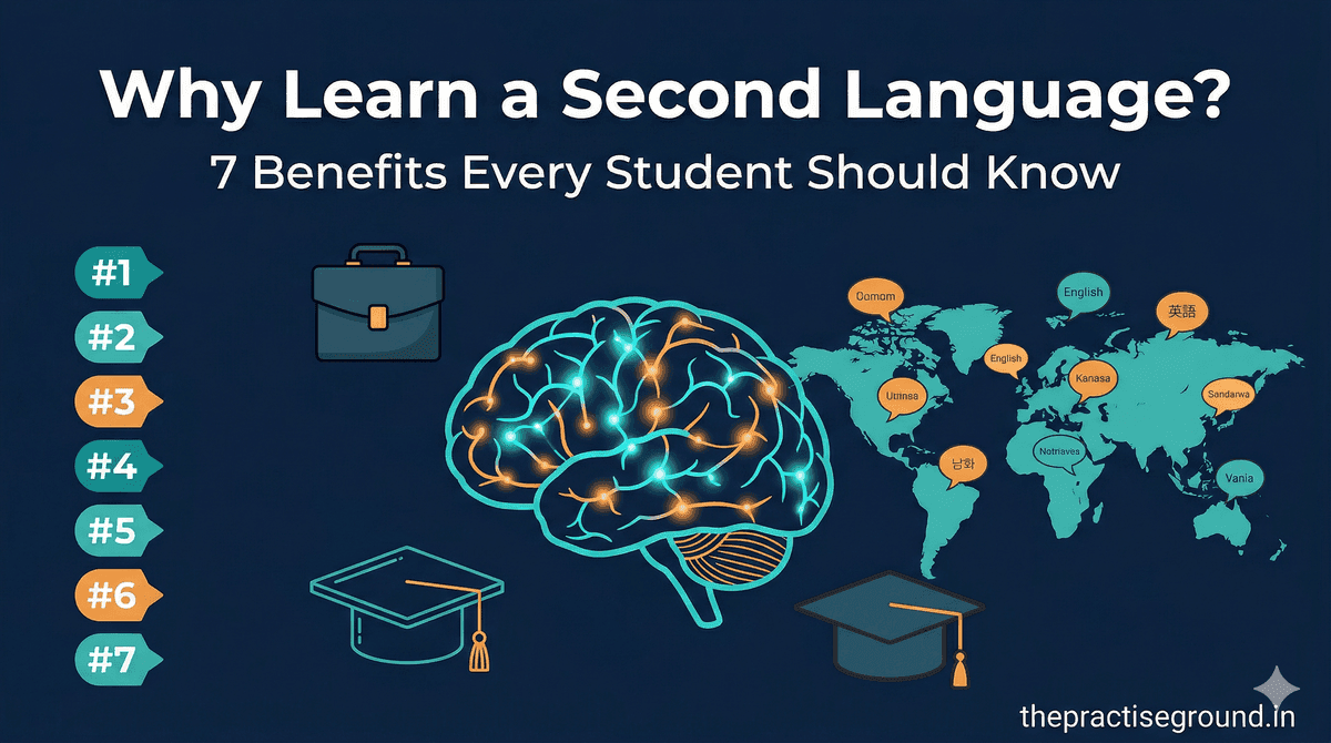 Benefits of learning a second language infographic with brain, world map, and career icons on dark navy background