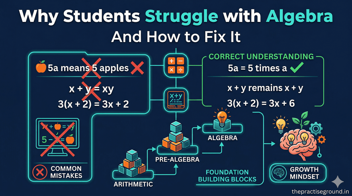 Why Students Struggle with Algebra infographic showing misconceptions and fixes on dark navy background