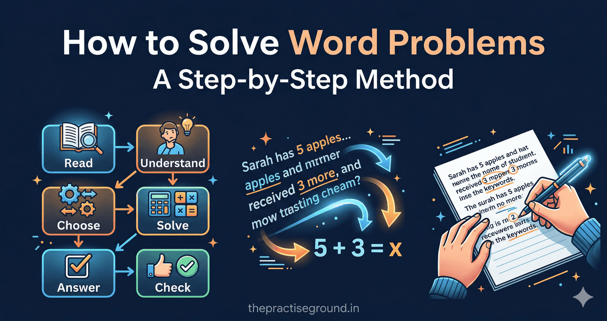 Solve Word Problems infographic showing RUCSAC method flowchart on dark navy background